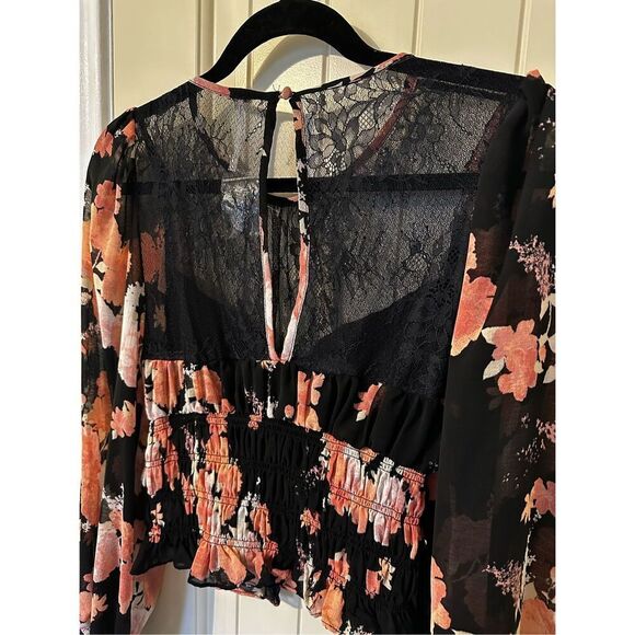 NWOT Free People Daphne Lace Floral Smocked Long Sleeve Black Pink Top Small - Picture 12 of 13
